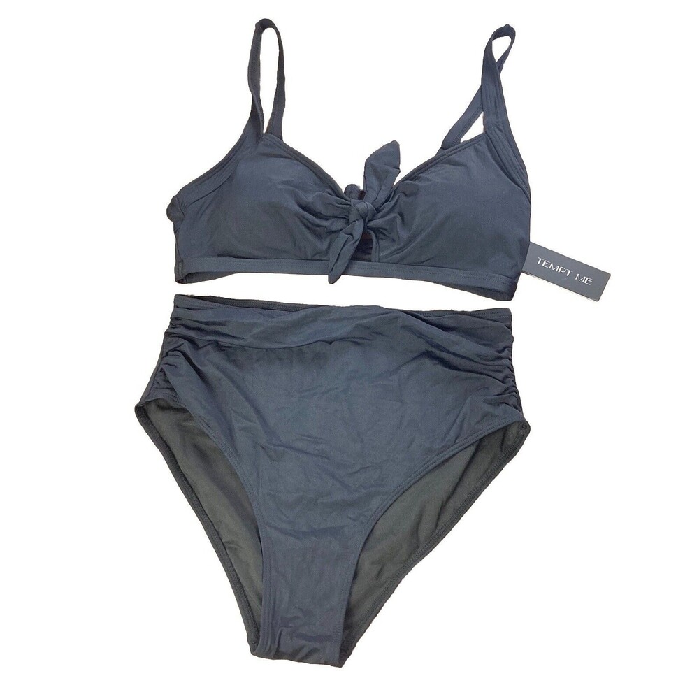 Tempt Me Women Bikini Swimsuit Size M Retro Halter Ruched High Waist Black NWT